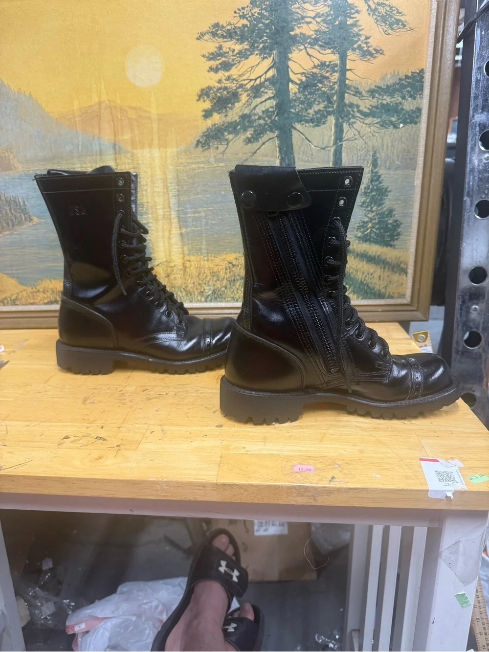 Corcoran 10” black leather jump boots, side zipper, cap toe, size 5R USA stamp
